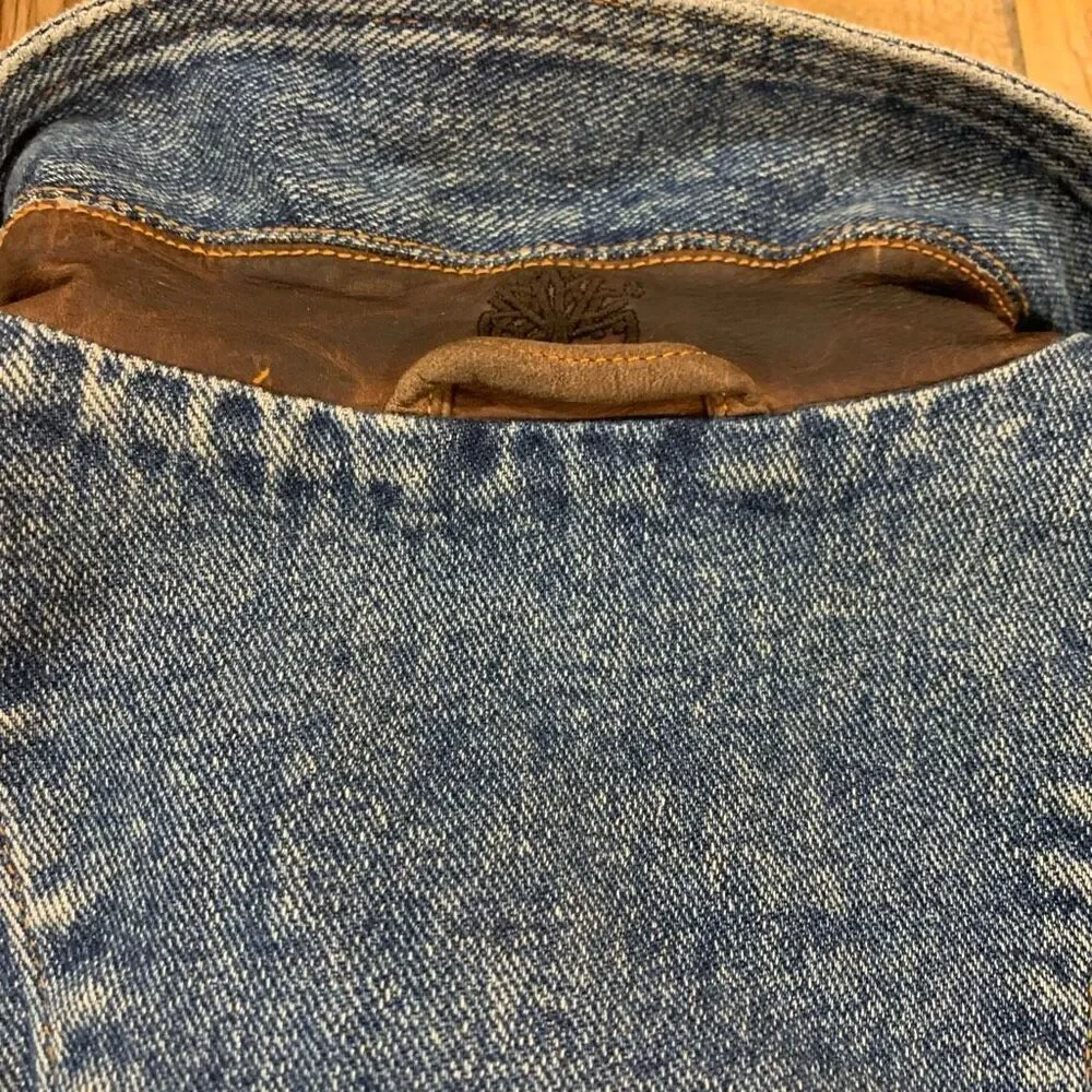 Timberland VTG 90s Jean Jacket Leather Trim Mid Wash Blue Western Trucker Men XS